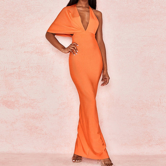 Fashion Trends Draped Backless Women Side Split Evening Club Party Dress  New Sexy V Neck Orange Black Long Bandage Dress Vestidos