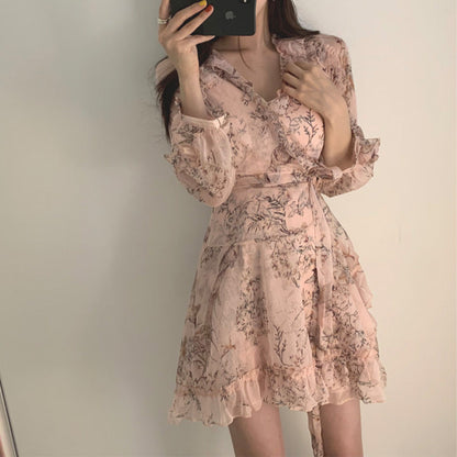 Sixsr Women Mini Dress Spring New V-neck Floral Chiffon Dress High Waist Flare Sleeve Female Dress Woman's Dress KarolyiDora KA88