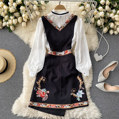 Sixsr Spring Autumn Elegant 2 Piece Set Overalls Dress Women Bow Collar White Shirt Top+ Irregular Flower Print V-Neck Vest Dress