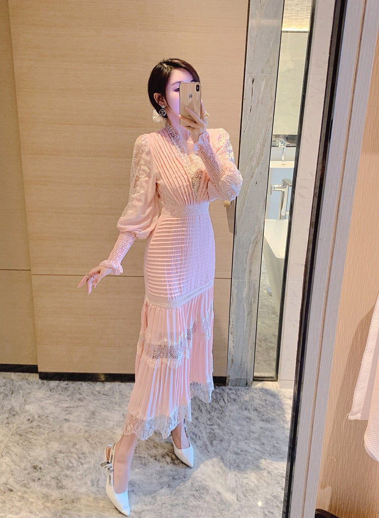 Sixsr High Quality Self Portrait Dress  Women Sexy V-neck Lantern Sleeve Long Sleeved Cake Long Dresses Chic Lace Summer Dress