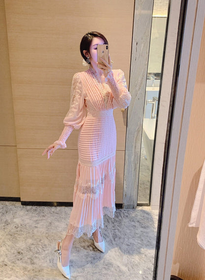 Sixsr High Quality Self Portrait Dress  Women Sexy V-neck Lantern Sleeve Long Sleeved Cake Long Dresses Chic Lace Summer Dress