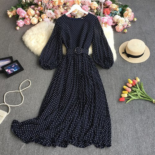 Sixsr New Spring Autumn French O-neck long sleeve Dress polka dot printing high waist lace up mid-length A-line pleated Dress