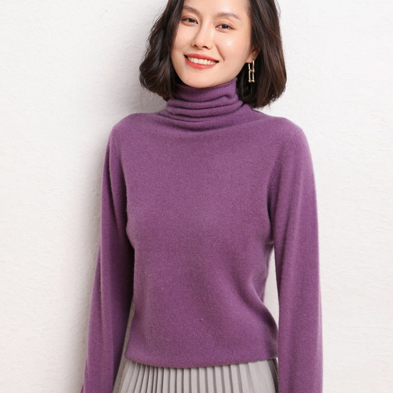 100% Pure Wool Cashmere Sweater Fall/Winter Pile Collar Pullover Korean Fashion Casual Knitted Tops Women Jacket Long Sleeve