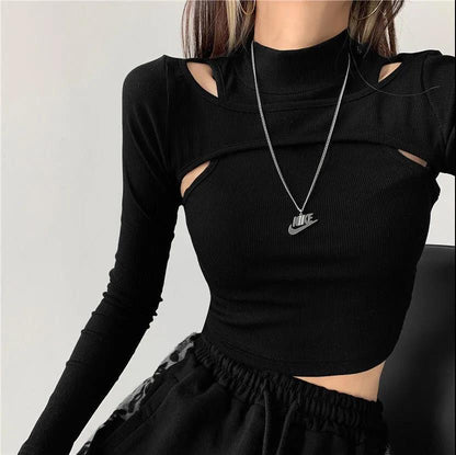 Sixsr  Hollow Knitted Crop Tops Women New Fitness Fake Two-piece T-shirt Female Black White Long Sleeve Tops