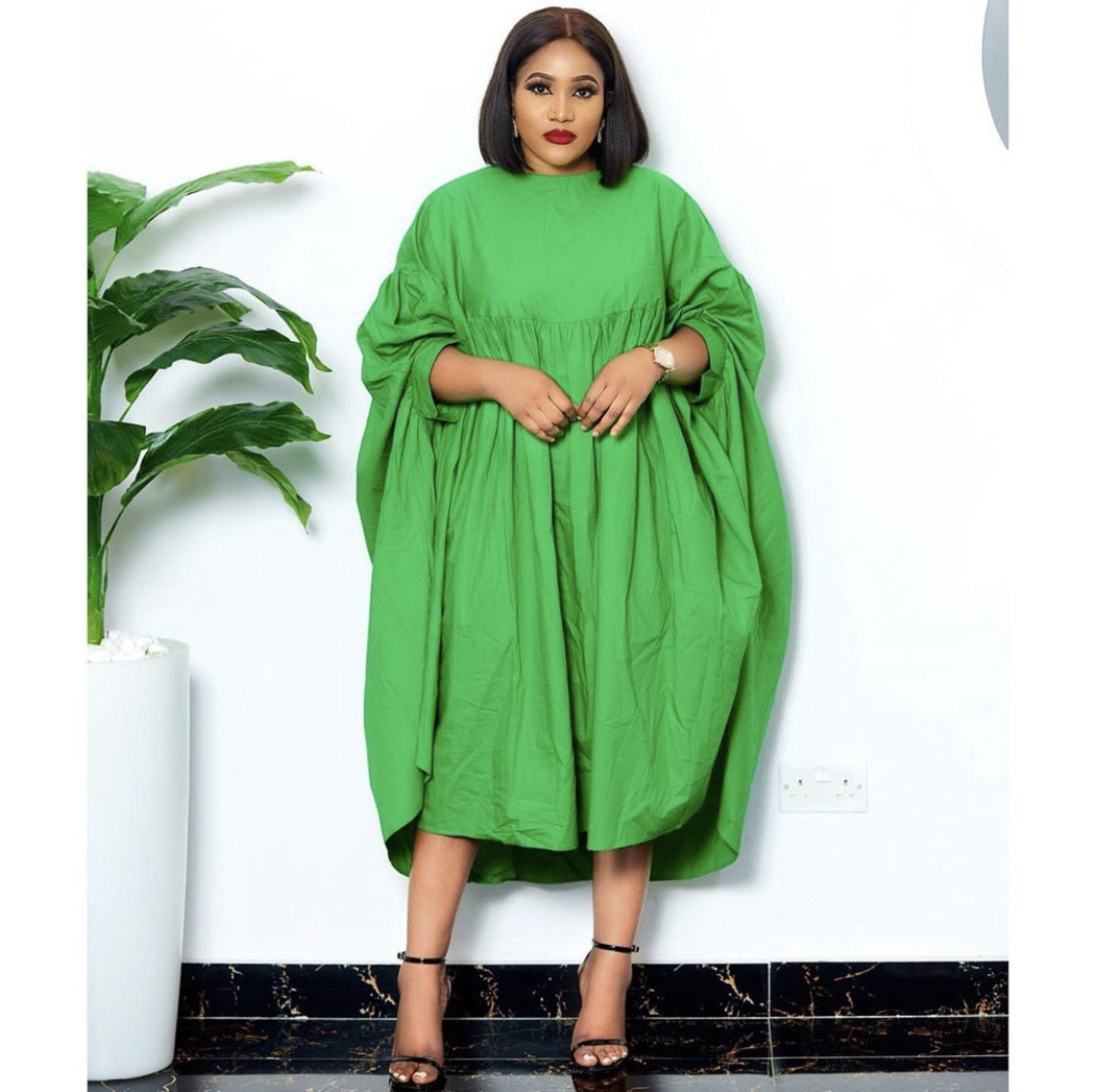 Women Loose Dresses O Neck Pleated Casual Fashion Large Size Ladies Female African Fashion Spring Summer New Baggy Robes