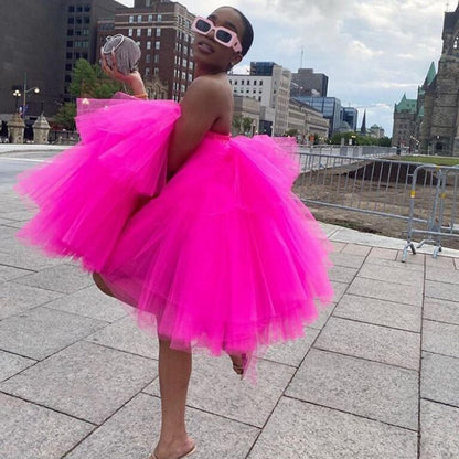 sixsr Chic Fuchsia Ruffles Short Tulle Dresses Women Puffy A-line Mini Tutu Dress Summer Off The Shoulder Robe Vestidos