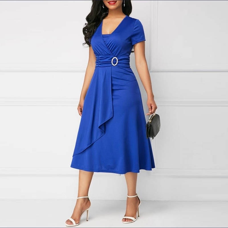 New Trends Retro Women High Waist Irregular Midi Dresses Summer Fashion V-neck Short Sleeve A-line Party Dress Elegant Office Lady Vestidos