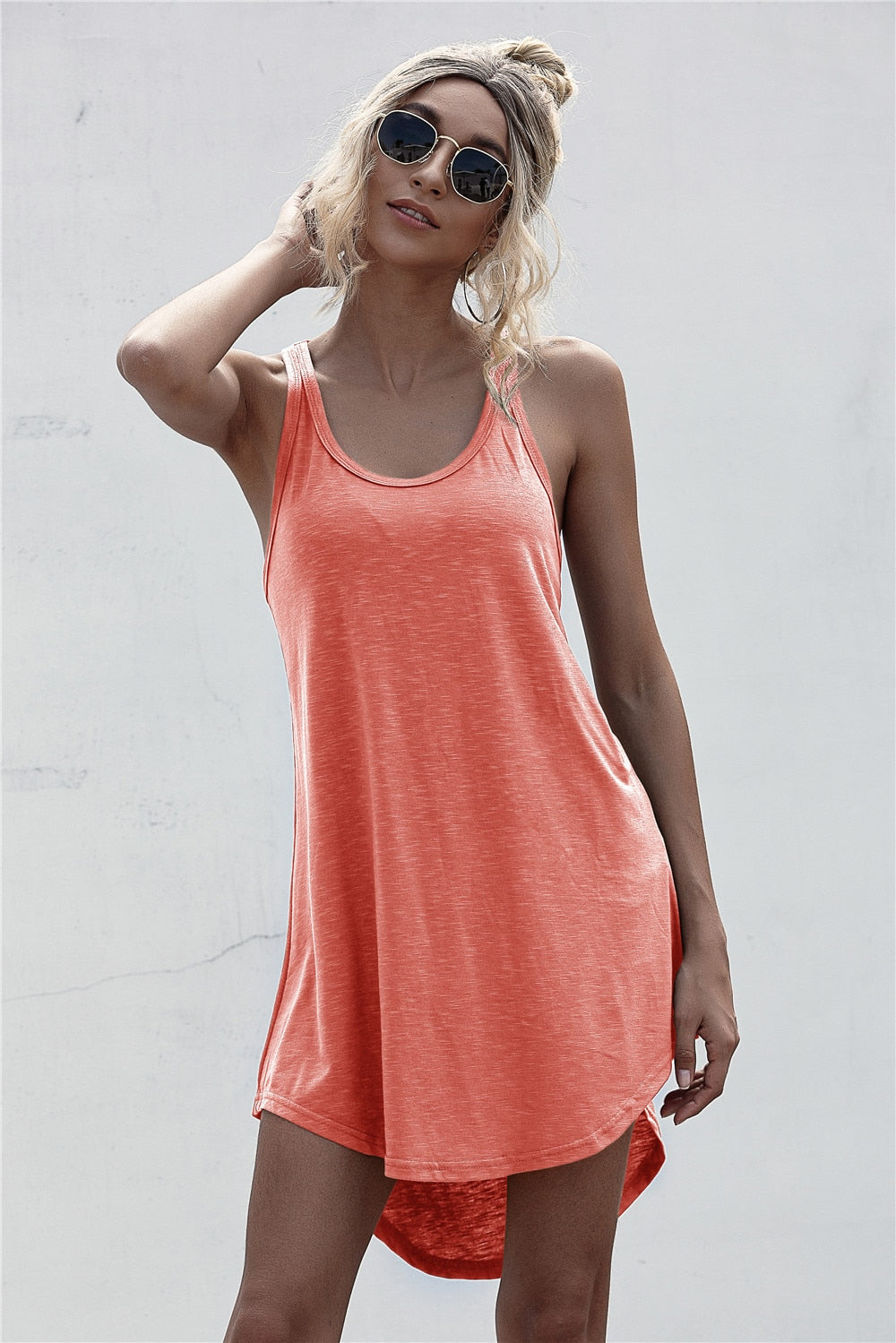 Solid Casual O-neck Sleeveless Tank Dress Women Loose Off Shoulder Asymmetrical Cotton Mini Dress