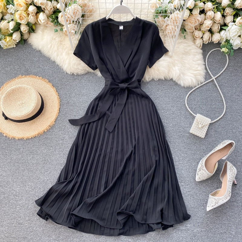 SINGRAIN High Quality Solid Pleated Dress Women V neck Short Sleeves Sashes Long Dresses Summer Streetwear Vintage Vestidos