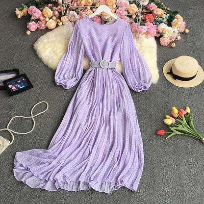 Sixsr New Spring Autumn French O-neck long sleeve Dress polka dot printing high waist lace up mid-length A-line pleated Dress