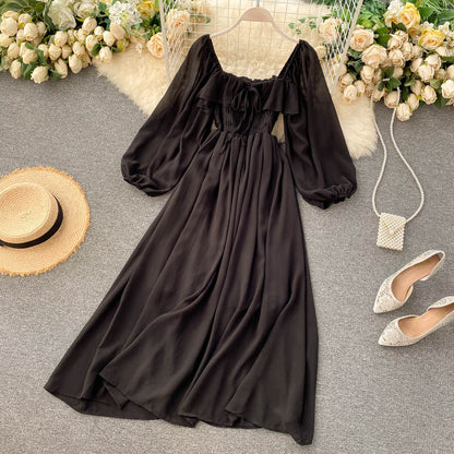 Sixsr Woherb Chic Elegant Square Collar Maxi Dress Women Solid Chiffon Puff Sleeve Dresses Korean Fashion Vintage Ruffle Vestidos