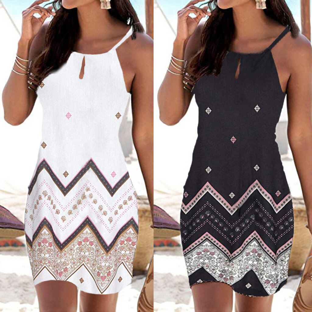 Sixsr Women Halter Neck Boho Print Dresses Sleeveless Casual Mini Beachwear Dress Sundress Casual Daily Comfy Dress Dropshipping