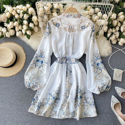 Sixsr Croysier Spring Autumn Dress Women Runway Fashion Vintage Print Dresses Buttons V Neck Long Lantern Sleeve Elegant Dress