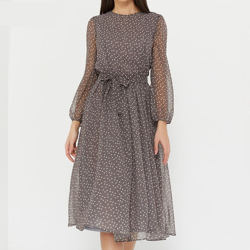 sixsr Summer Outfits  Fashion Trends Elegant Dot Print Long Sleeve Polka Dress O Neck Chiffon A Line Women Casual Dress Vintage Midi Vestidos