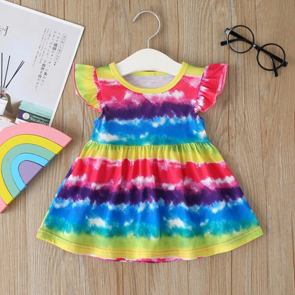 Sixsr New Summer Baby Girls Tutu Dress Children Party Little Girl Kids Clothes Flying Sleeve Princess Rainbow Patchwork Outfits Dress