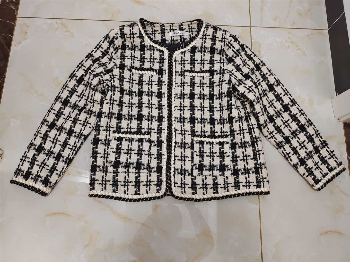 Sixsr Spring Korean small fragrance jacket women's short winter and autumn French ladies all-match houndstooth woven tweed coat jackets