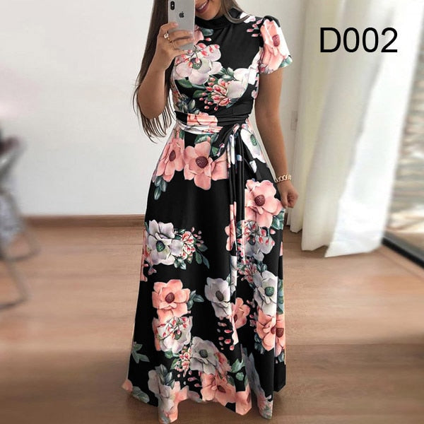 Flower Print Long Sleeve Maxi Dress Spring Autumn Casual Slim Sashes Long Dress Women Elegant Robe Party Dresses Plus Size S-5XL