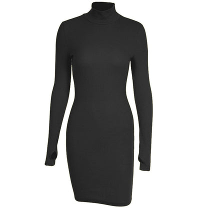 Autumn Fashion Sexy Solid Turtleneck Skinny Mini Dress Women Rib Knit Keep Warm Long Sleeve Slim Dress Streetwear