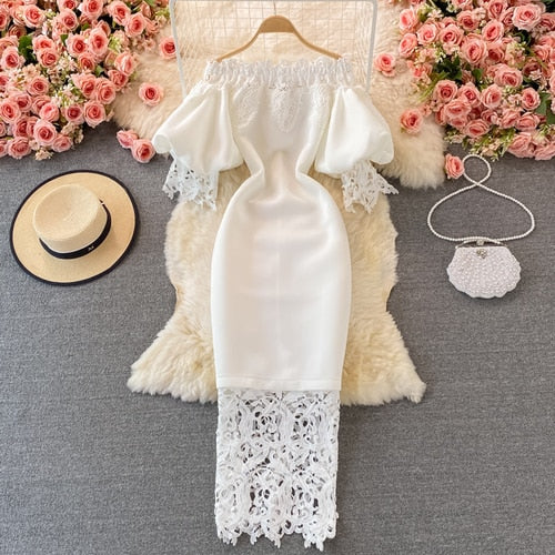 Sixsr Sexy Hollow Out Lace Bodycon Long Dress Women Elegant Red/Pink/White Off Shoulder Patchwork Maxi Party Vestidos Autumn New