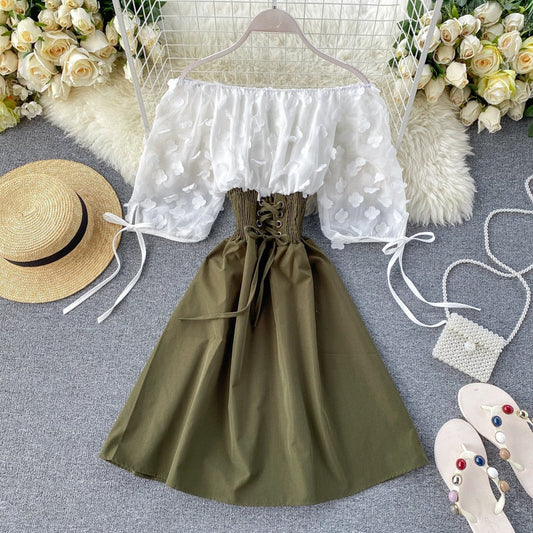 Sixsr  Spring Outfits Sexy Off Shoulder patchwork Summer Short Dress Party flower chiffon Slim waist lace up Women casual A-Line beach dress