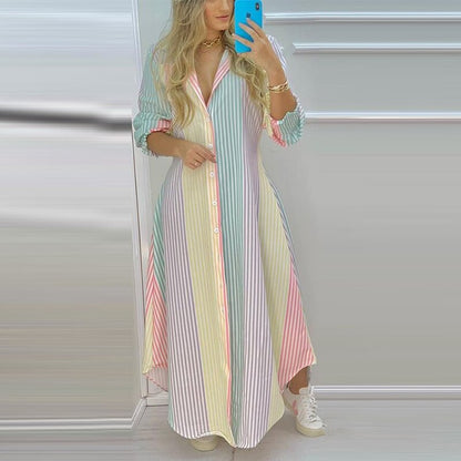 Sixsr Elegant Colorful Stripe Print Long Dress Women Single Breasted Button Spring Party Dress Summer Loose Irregular Maxi Beach Dress