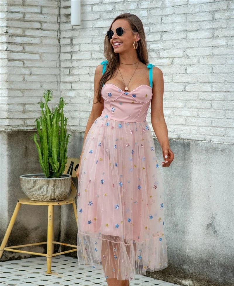 Strawberry Dress Women Fashion Deep V Puff Sleeve Sweet Voile Mesh Sequins Embroidery French Party Dresses 4XL 5XL
