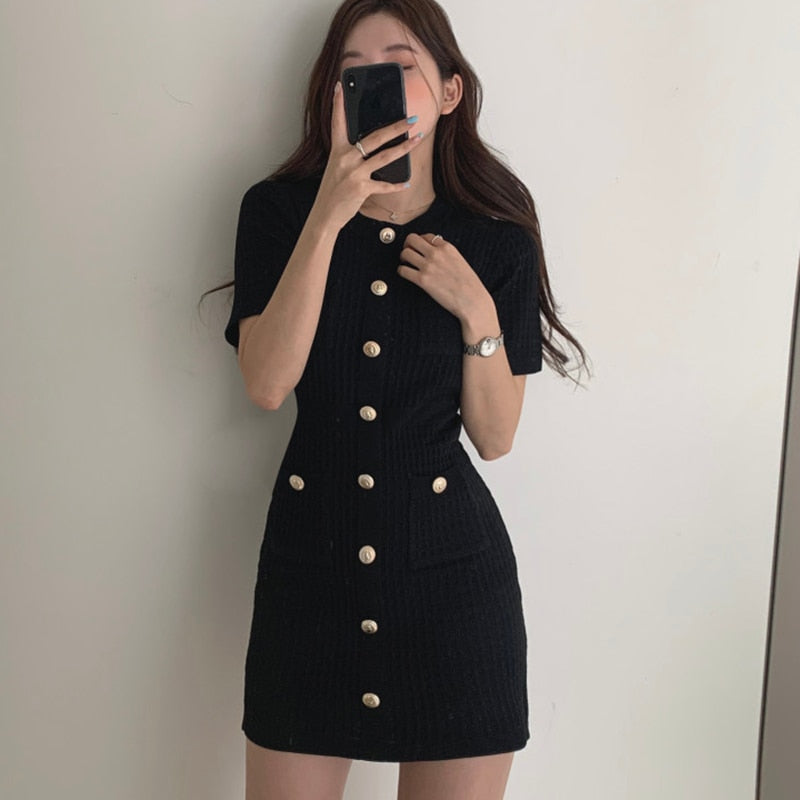 Button Knitted Dress Bodycon Mini Vestido Curto Korean Summer Sexy Party Elegant Black Black Moda Feminina Ropa Mujer Robes