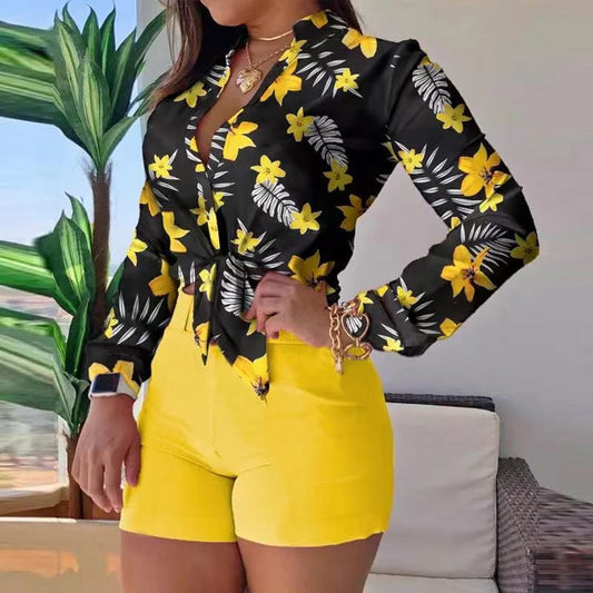 Sixsr Shorts Sets Women's Summer Suit High Waist Shorts LongSleev Shirts Two Piece Set Printed Leisure Sets Womens Outfits Shorts Set