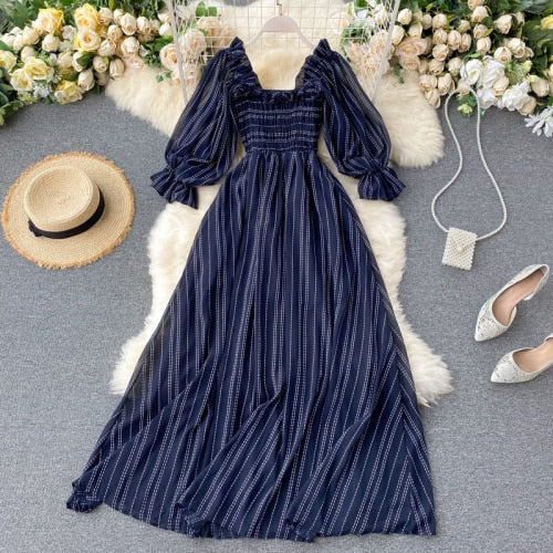 Sixsr Summer Beach Chiffon Long Dress Elegant Solid Lantern Sleeve High Waist Women Maxi Dress Party Club Ladies Vestidos New