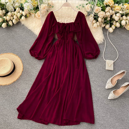 Sixsr Woherb Chic Elegant Square Collar Maxi Dress Women Solid Chiffon Puff Sleeve Dresses Korean Fashion Vintage Ruffle Vestidos