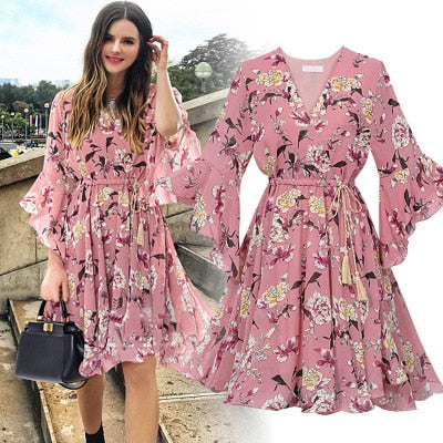 Sixsr Chiffon High Elastic Waist Party Dress Bow A-line Women Butterfly Sleeve Flower Print Floral Boho Dress Female Vestido Plus Size