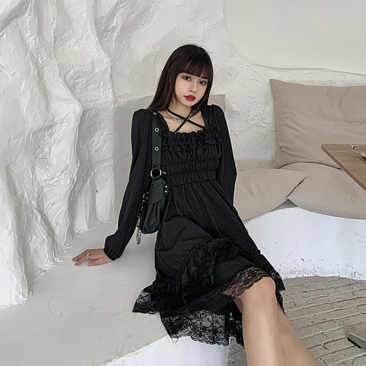 Sixsr New Gothic Women Black Fairy Party Dress Cross Square Collar Lolita Princess Irregular Dress Cute Kawaii Lace Ruffles Chic Dress