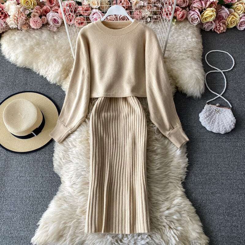 Sixsr New Fashion Autumn Winter Women's Thicken Warm Knitted Pullover Sweater Two-Piece Suits +High Waist dress Set