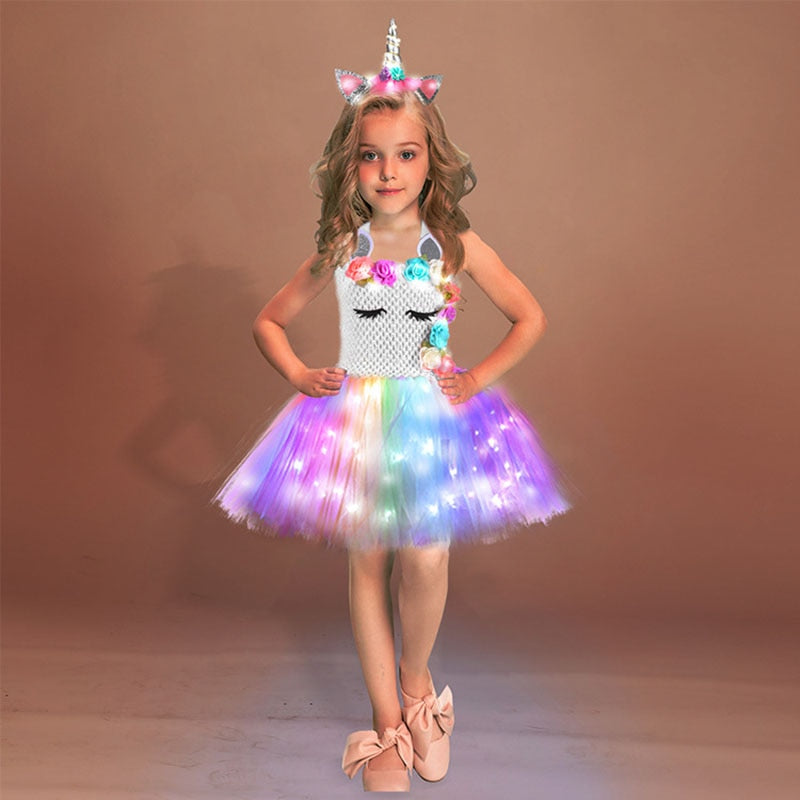 Sixsr Girls Shiny Unicorn TUT Dress Glowing Kids Unicorn Dresses For Girls Hallowmas Party Princess Dress Children Clothing vestidos