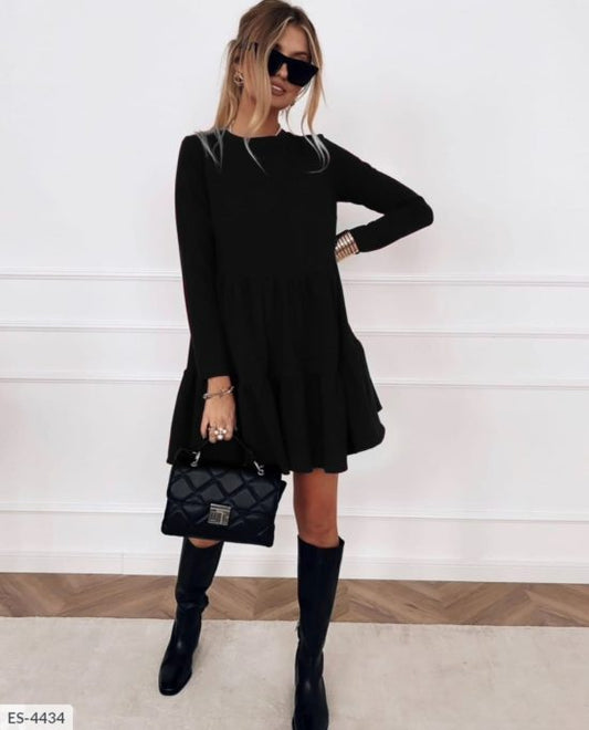 Sixsr New Spring Autumn Dress Women Elegant O-Neck Long Sleeves Multi-layer Ruffles Hem Solid Party Dresses Casual Slim Vestidos