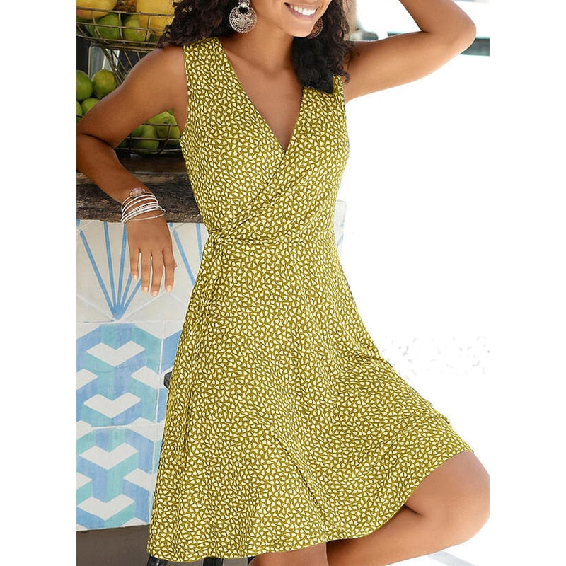 New Casual Polka Dot Dress Women V Neck Sleeveless Bandage Beach Dress Summer Bohemian Dresses For Women