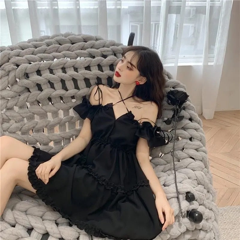 Women dress demon girl original black spring and autumn sexy high waist femme dress shoulder long sleeve gothic dress A085