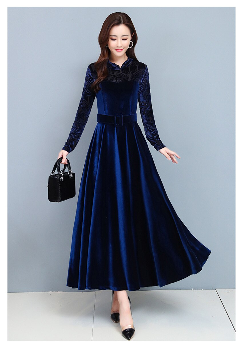 Sixsr High Quality Fashion Vintage Velvet Dress Winter Dresses Women Long Sleeve Evening Party Dress For Middle Age Mom Vestidos