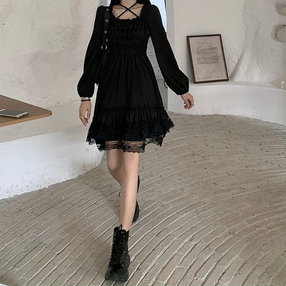 Sixsr New Gothic Women Black Fairy Party Dress Cross Square Collar Lolita Princess Irregular Dress Cute Kawaii Lace Ruffles Chic Dress
