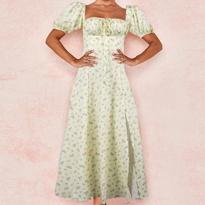 Sixsr Summer Women's Wear, Bohemian Style Bubble Sleeve Floral Split Long Dress, High Waist Sexy Party Elegant Bandage Dress