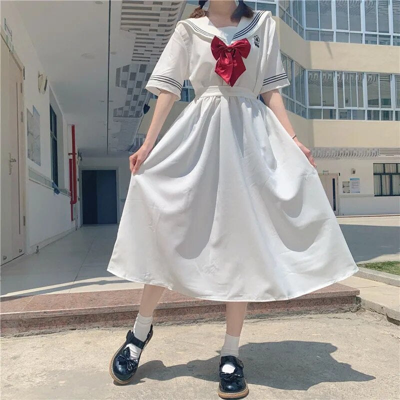 Sixsr Harajuku Sailor Collar Navy Dress Japanese Lolita Sweet Bow-knot Girl Retro Cotton Kawaii Preppy Style Short Sleeve Dress Women