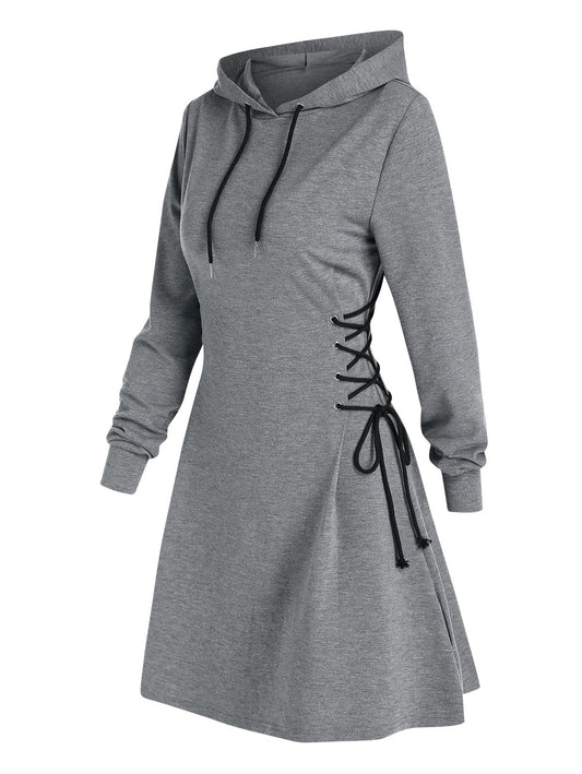 Casual Women Long Sleeve Autumn Dress Drawstring Lace Up Mini Hoodie Dress Vestidos Femme Gothic Fashion Dress Streetwear