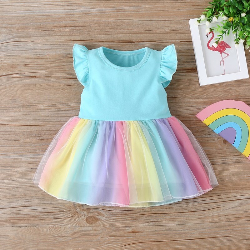 Sixsr New Summer Baby Girls Tutu Dress Children Party Little Girl Kids Clothes Flying Sleeve Princess Rainbow Patchwork Outfits Dress