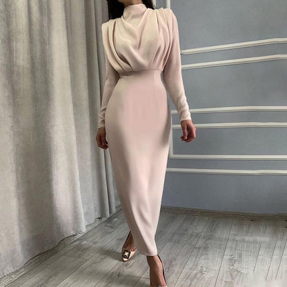 New Fashion Solid Party Dress Women Elegant Stand Collar Pleated Slim Long Dresses Lady Autumn Spring Casual Commute Dress