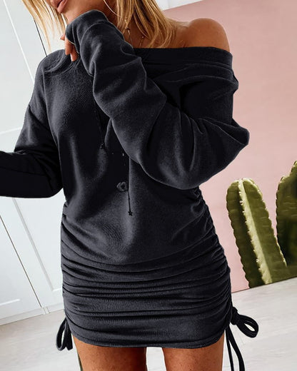 Sixsr Women Sexy Mini Dress Casual Ruffled Drawstring Solid Pencil Dress Autumn Long Sleeve Off Shoulder Pullovers Ladies Slim Dress
