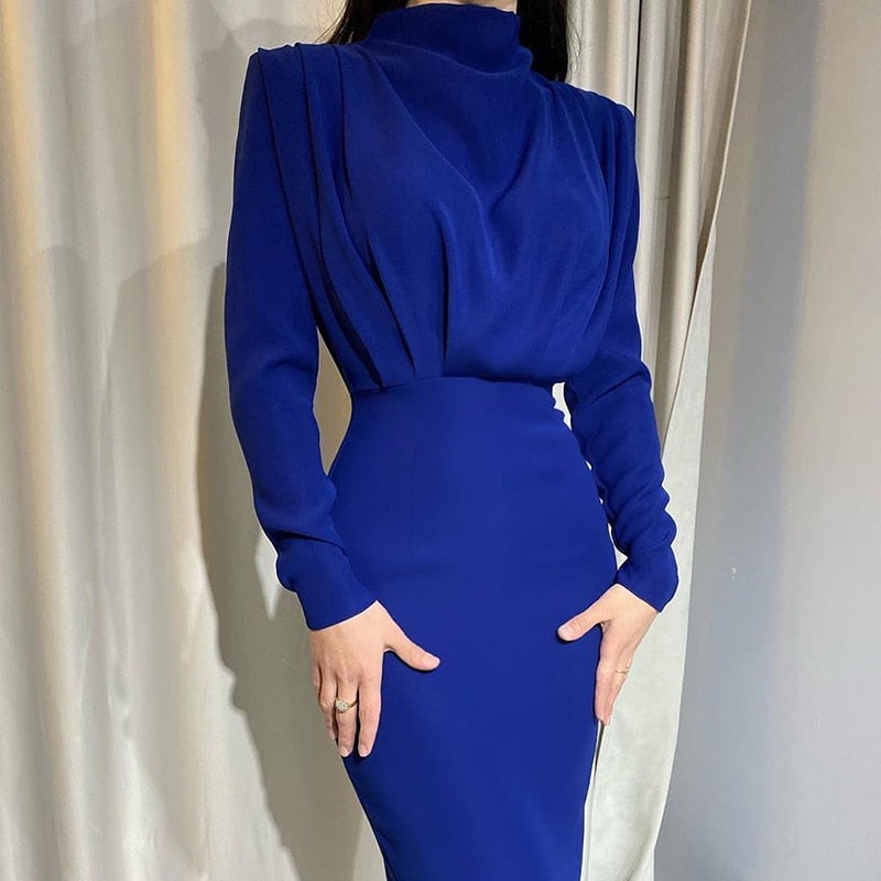 Sixsr InstaHot Elegant Women Dress Stand Collar Slim Waist Solid Blue Ankle Length Autumn Long Sleeve Casual Party Dress Fashion