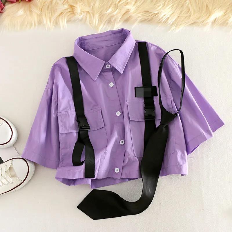 Sixsr Spring Womens Fashion Autumn Streetwear Pants High-Waist Straight Ribbon Cargo Pants Student Loose Short-Sleeved Shirt with Tie two-piece Set