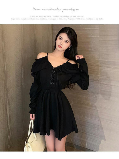 Sixsr Gothic Black Dress Women Casual Button Lace Evening Party Sexy Mini Dress Female Long Sleeve One-piece Dress Korean Autumn