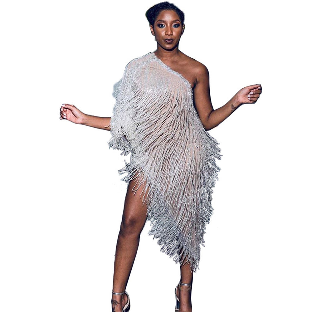 Elegant One Shoulder Celebrity Evening Runway Party Dress Women Fringe Tassels Asymmetrical Club Dress Robe Vestidos De Fiesta