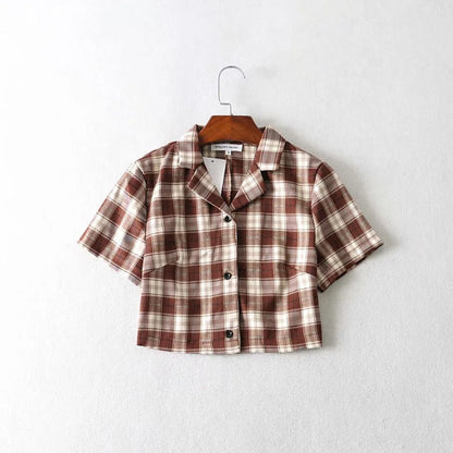 Summer blouse women vintage crop shirt streetwear plaid ladies tops elegant button up shirt korean crop top red